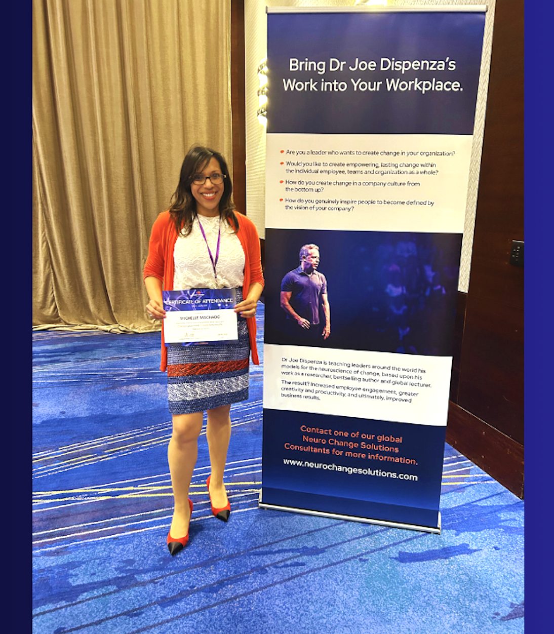 Dr. Michelle Machado with the NeuroChange Solutions program banner